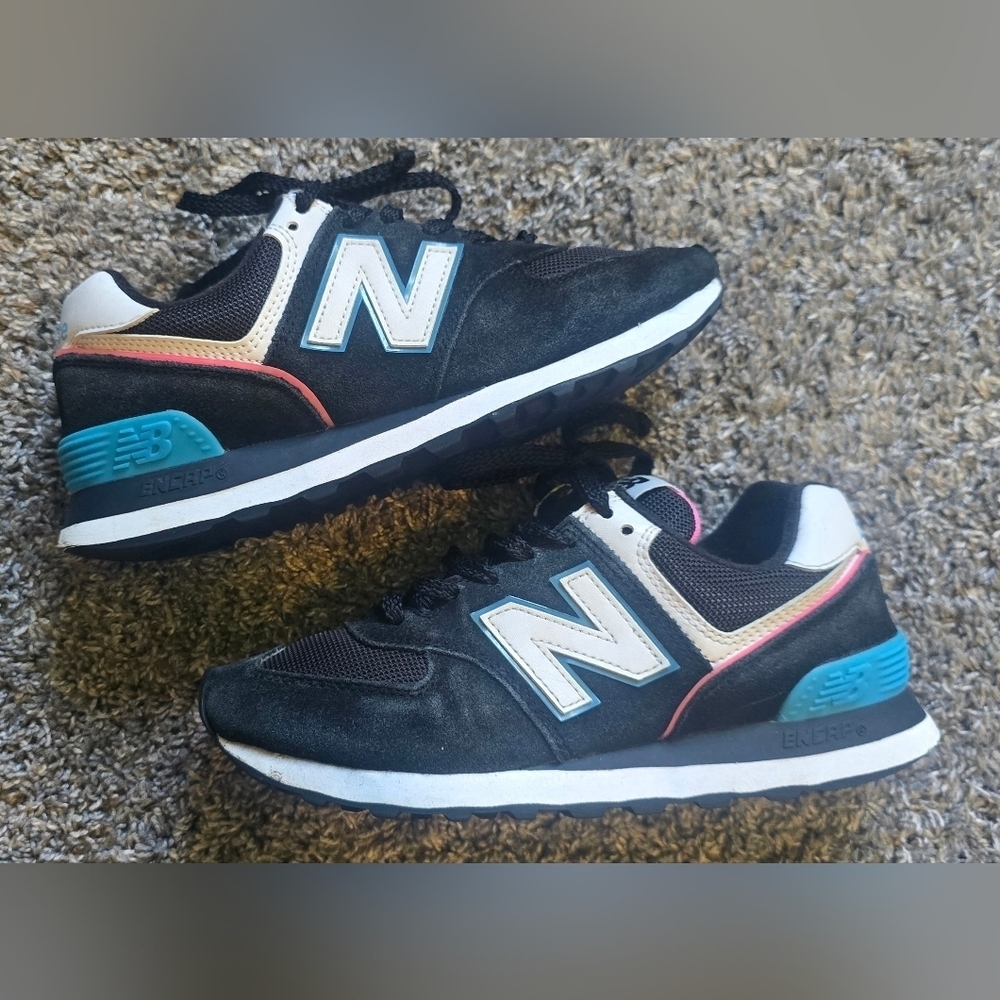 Retro New Balance 574 "Night Sky" Black Suede sneakers Teal, Pink Accents Size 7 - Picture 5 of 8